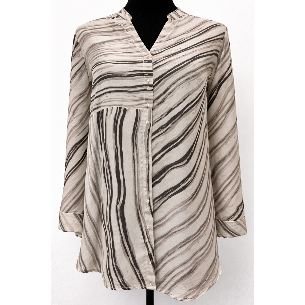Chico's Womens Long Sleeve V-Neck Tunic Blouse‎ Size 1 Cream Mod Stripe Chiffon